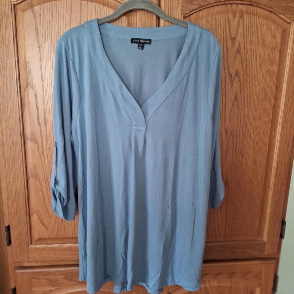 Lane Bryant Women’s V Neck Pullover Jersey Stretch Tunic Top Roll Tab Sl…